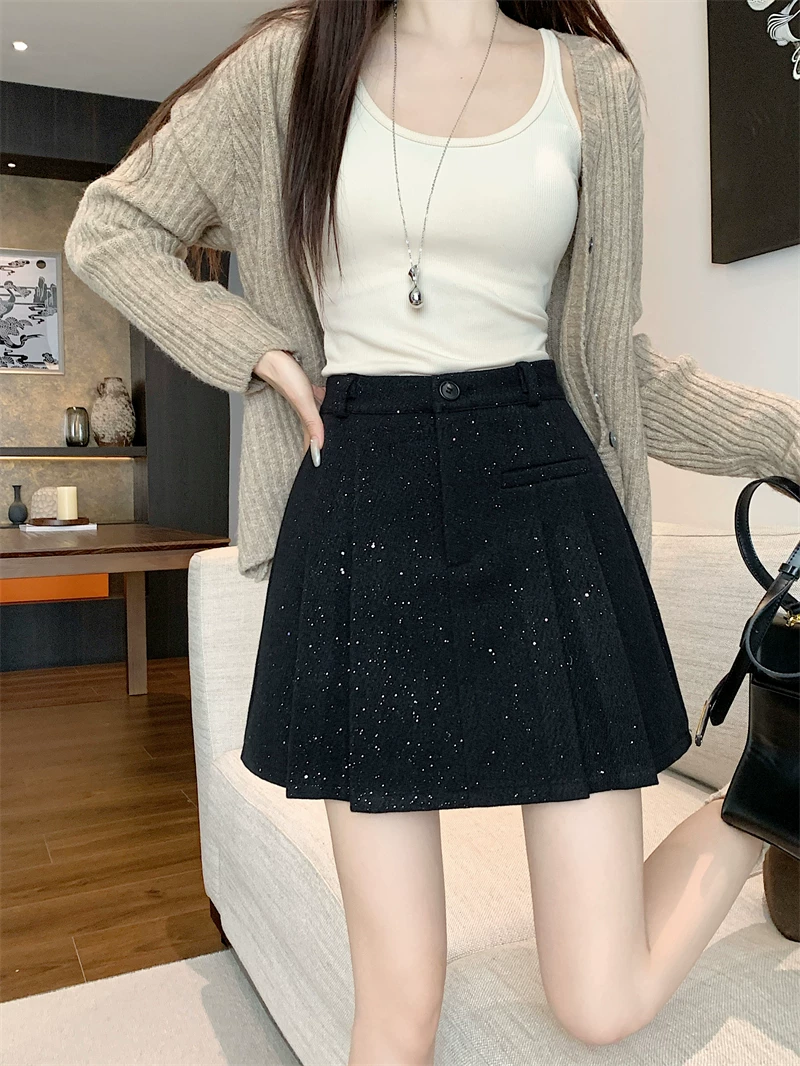 Váy xếp ly len dày bóng cỡ lớn dành cho nữ, mùa thu đông, váy ngắn chữ A đính sequin phong cách Chanel, váy nửa thân chống lộ.