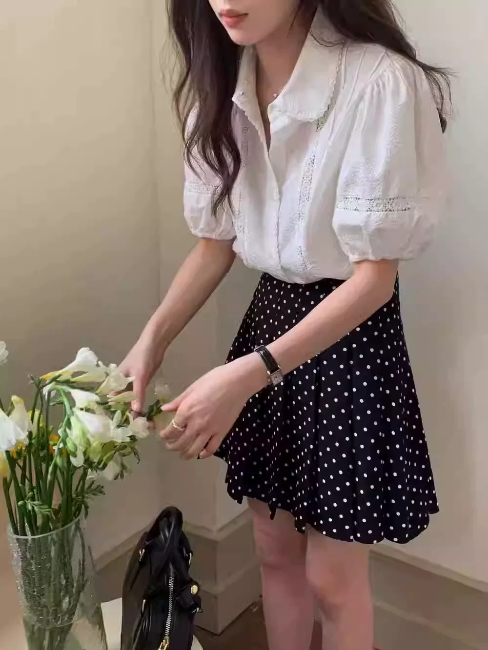 Váy xếp ly voan chấm bi dành cho nữ, váy bodycon chữ A cạp cao cỡ lớn mùa hè, giúp giảm béo cho phụ nữ cỡ lớn, váy nửa thân chống lộ.