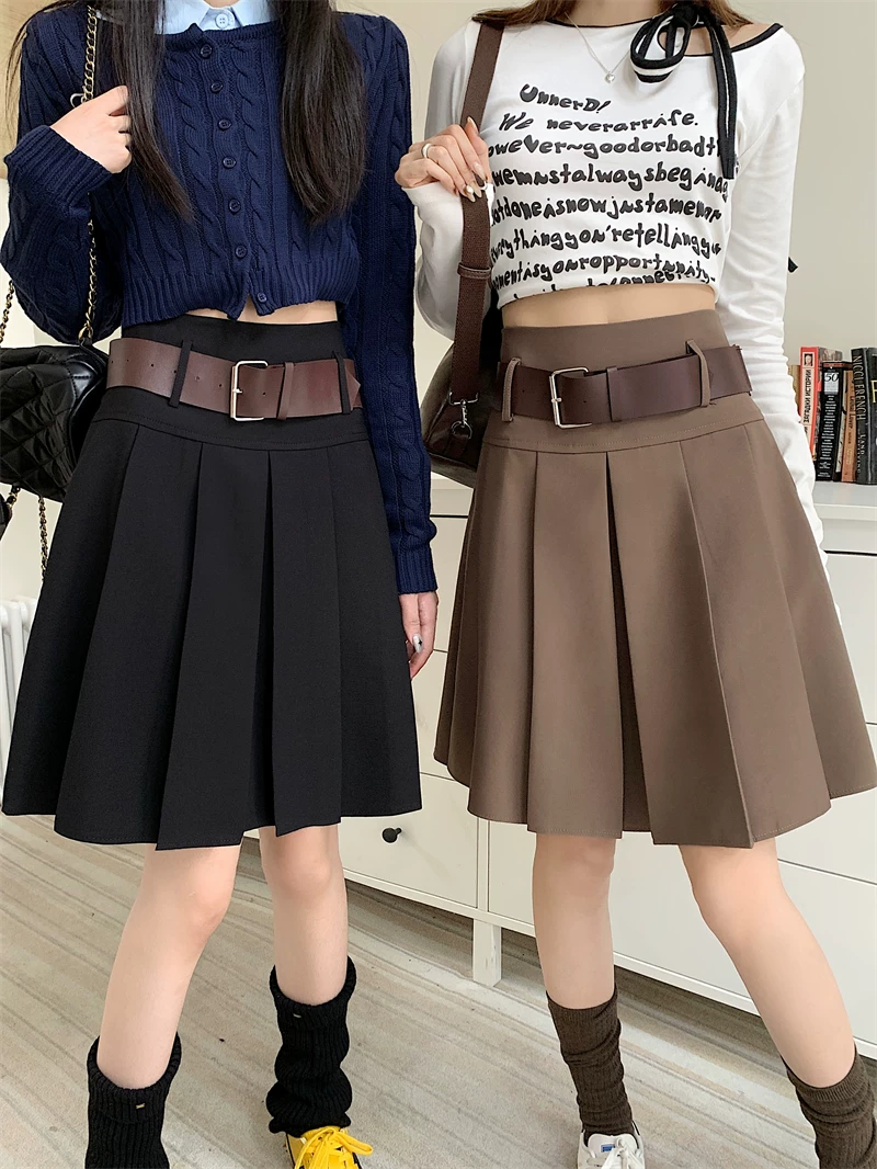 Váy xếp ly màu xám dành cho nữ, mùa thu đông, phong cách preppy, dáng chữ A, dài vừa phải, lưng cao, thiết kế độc đáo, váy nửa thân, váy dù.