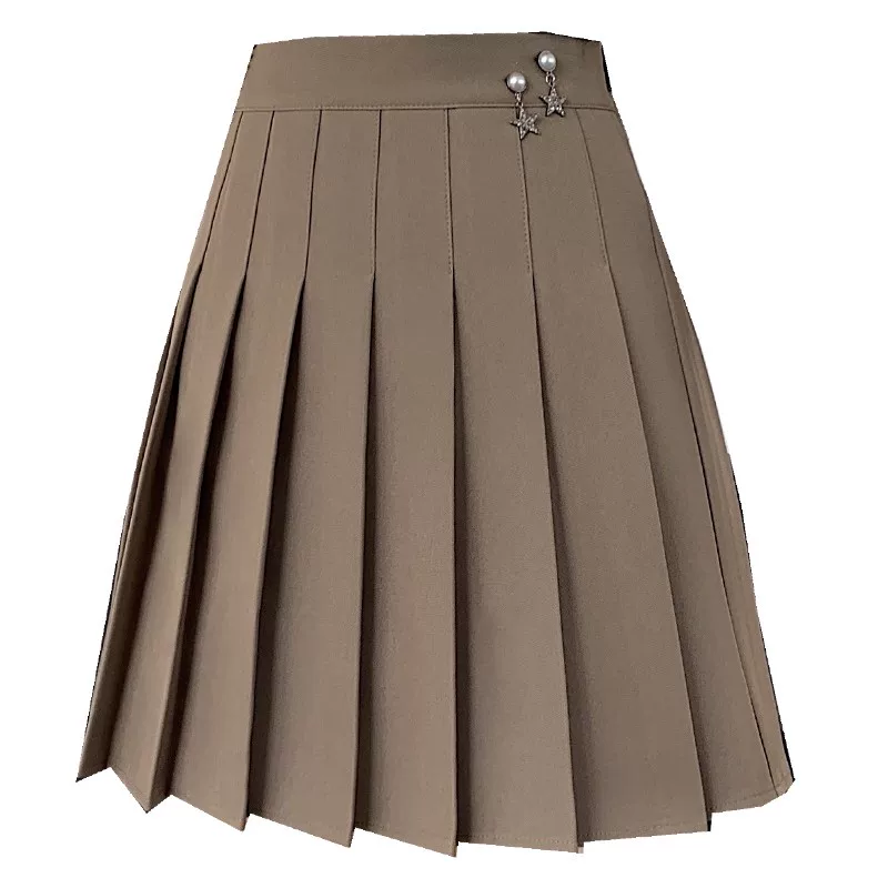 Váy xếp ly màu kaki cỡ lớn, váy chữ A cạp cao giảm béo mùa hè dành cho nữ, phong cách đại học, váy ngắn dành cho phụ nữ cỡ lớn, váy vest.