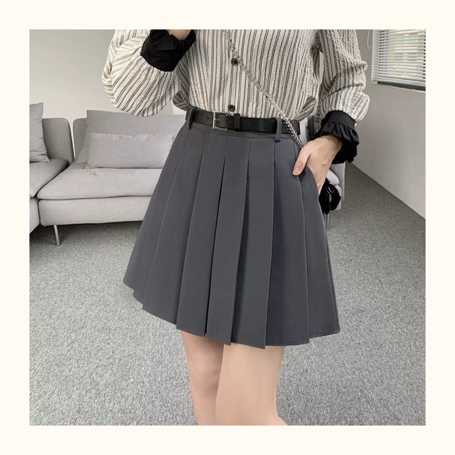 Váy xếp ly TB màu trắng cỡ lớn dành cho nữ mùa xuân hè Bộ đồ chống lộ váy chữ A váy cạp cao kiểu học sinh quần váy