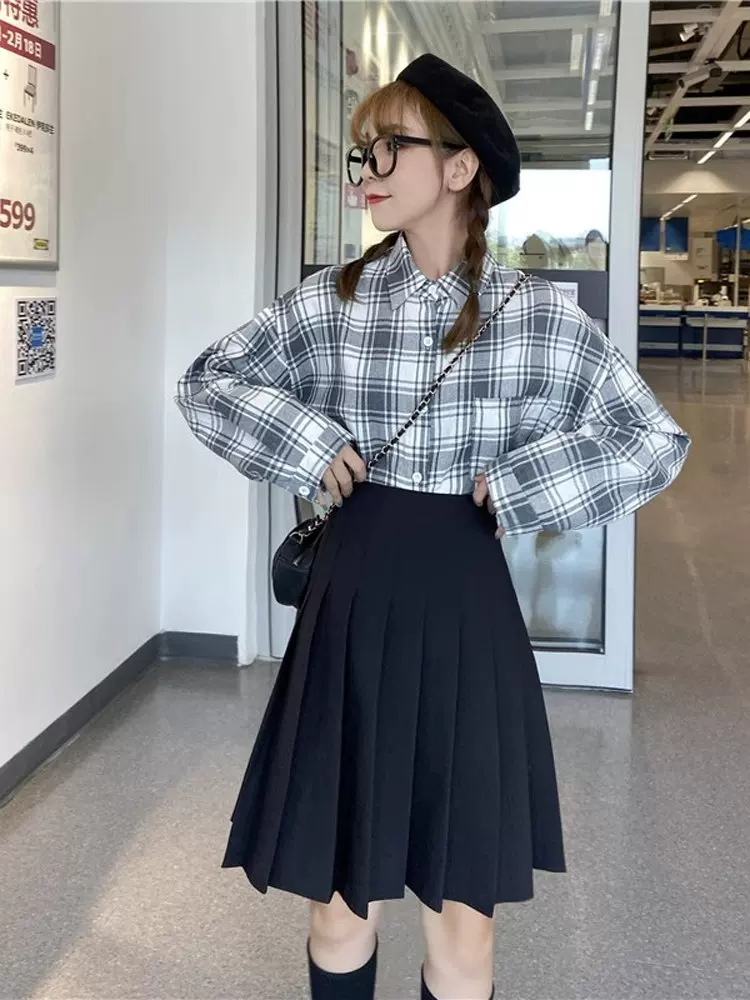 Váy xếp ly cho nữ, mùa thu đông, váy chữ A dài vừa phải, lưng cao, cỡ lớn, giảm béo, học sinh, chống lộ, váy nửa xòe.