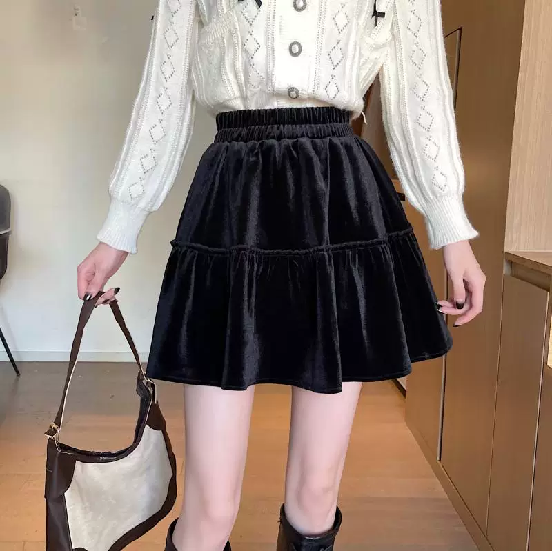 Váy nhung xếp ly, váy bánh bèo thu đông nữ size lớn, váy chữ A cao eo tôn dáng, váy ngắn cho nữ size lớn.