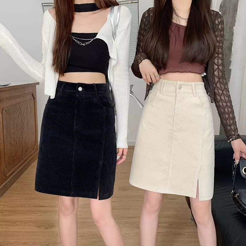 Váy midi chất liệu corduroy size lớn dành cho nữ, váy ngắn dáng chữ A xẻ tà cao eo mùa thu đông, váy bút chì che bụng ôm hông.