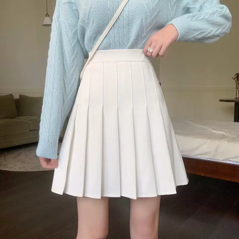 Váy xếp ly màu trắng dành cho nữ, váy dài vừa phải cho mùa xuân hè, cỡ lớn, lưng cao, chống lộ, váy ngắn JK, váy nửa thân thon gọn.