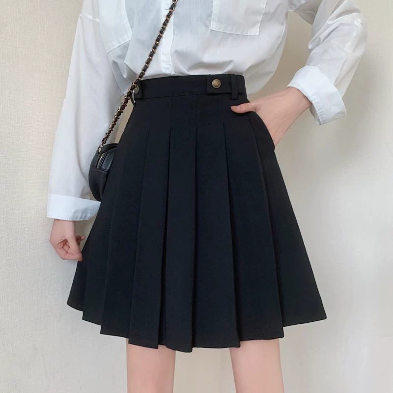 Váy xếp ly lưng cao dành cho nữ, mùa thu đông, cỡ lớn, váy ngắn chống lộ, váy dài vừa phải kiểu chữ A, váy phồng kiểu Pháp, váy nửa thân đa năng.