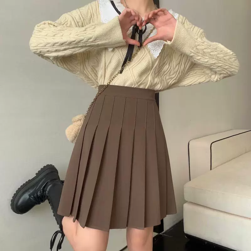 Váy xếp ly dài vừa phải cỡ lớn dành cho nữ, mùa xuân hè, váy chữ A cạp cao che hông, kiểu học sinh, chống lộ, váy phồng.