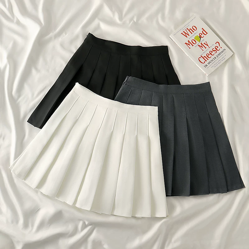 Váy xếp ly màu trắng dành cho nữ, size lớn mùa hè, váy chữ A cạp cao, tôn dáng, váy nửa thân kiểu học sinh, váy ngắn dành cho phụ nữ nhỏ nhắn.