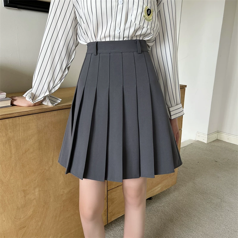 Váy xếp ly lưng cao phong cách đại học hơi mũm mĩm dành cho nữ, váy chữ A che thân mùa hè, váy midi màu xám, váy ngắn thon gọn.