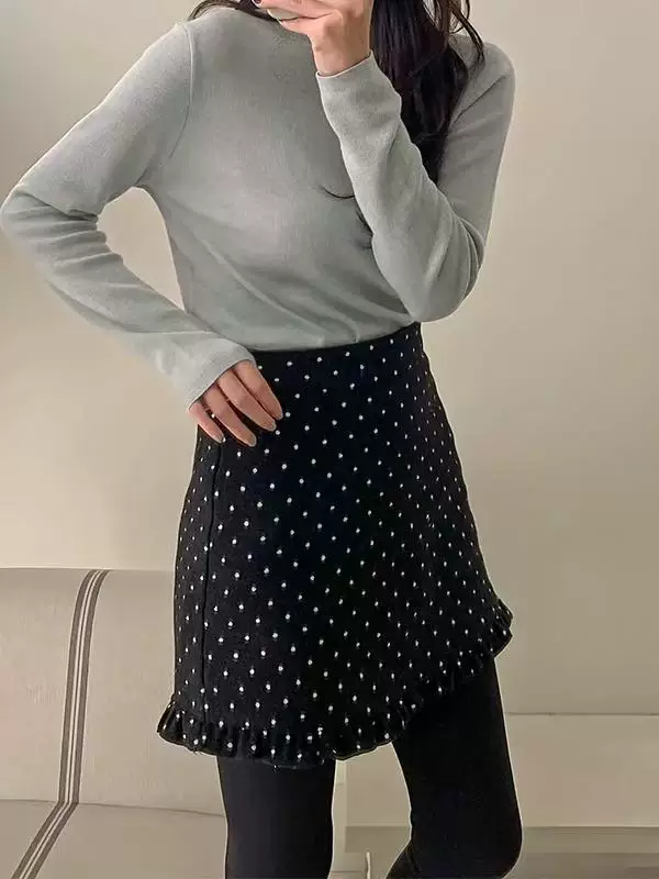 Váy len chấm bi màu xám dành cho nữ, cỡ lớn, mùa thu đông, váy bút chì chữ A lưng cao, chống lộ, váy ngắn dày dặn, giảm béo.