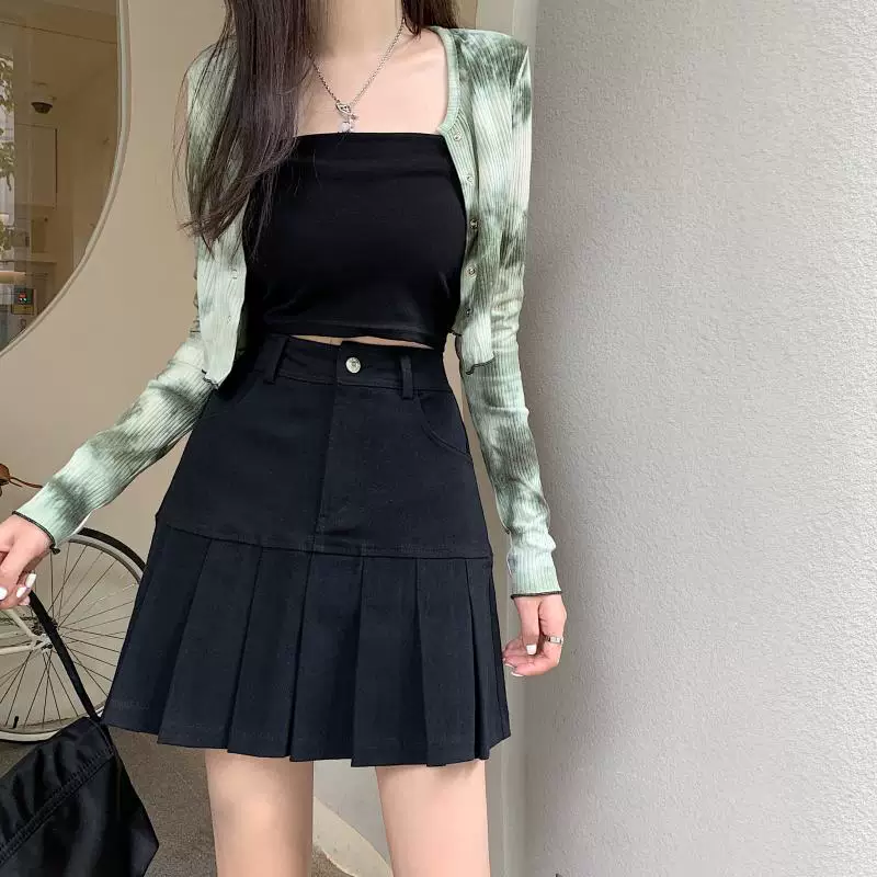 Váy xếp ly nữ mùa hè 2021 kiểu mới, size lớn, dành cho người mập, eo cao, tôn dáng, kiểu dáng cổ điển, dáng chữ A, ngắn