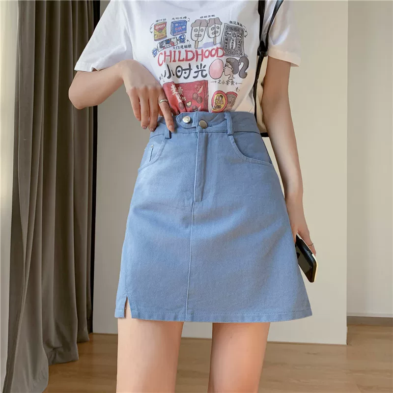 Váy denim màu hồng dành cho nữ, kiểu dáng mới mùa hè 2022, váy chữ A lưng cao, váy ngắn ôm hông cỡ lớn.