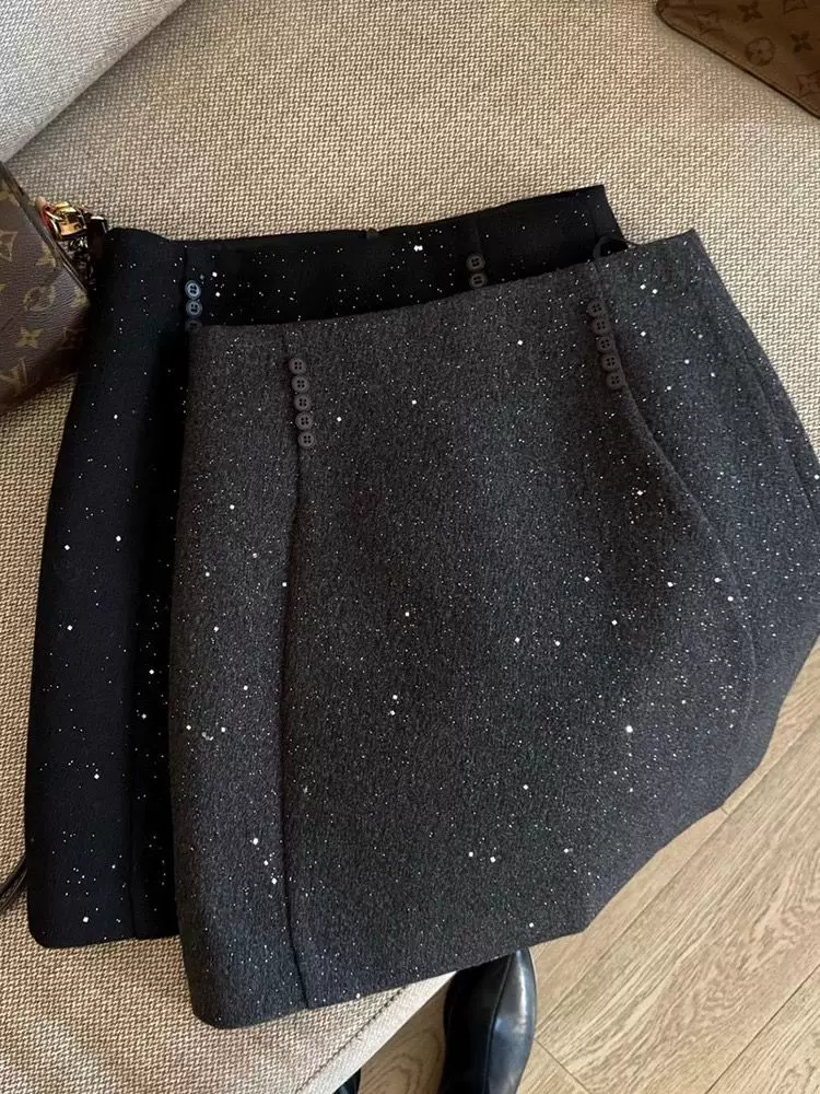 Váy len sequin cỡ lớn dành cho nữ, váy sáng bóng mùa thu đông, thiết kế cạp cao, váy chữ A, váy ngắn ôm hông.