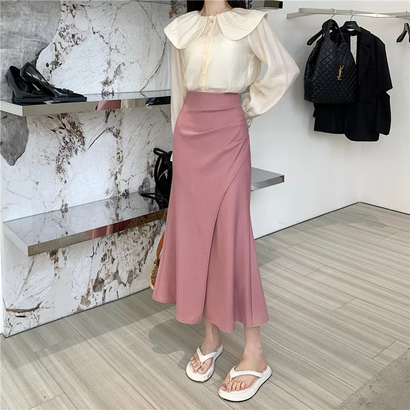 Thích hợp cho người có thân hình hình quả lê, váy đuôi cá màu hồng cỡ lớn mùa hè, váy dài chữ A tôn dáng cho phụ nữ cỡ lớn che hông.