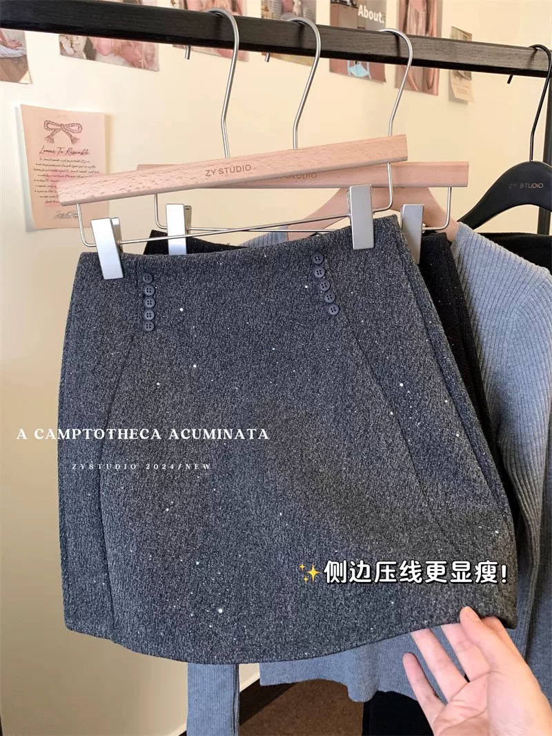 Váy len dày bóng cho nữ, mùa thu đông, váy ôm sát đính sequin cạp cao, váy ngắn chữ A chống lộ.