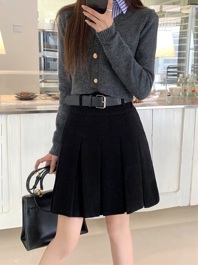 Váy nhung kẻ sọc dáng dài, mùa thu đông, váy bút chì dáng A Melard, váy nhung kẻ, váy xếp ly cao eo tôn dáng