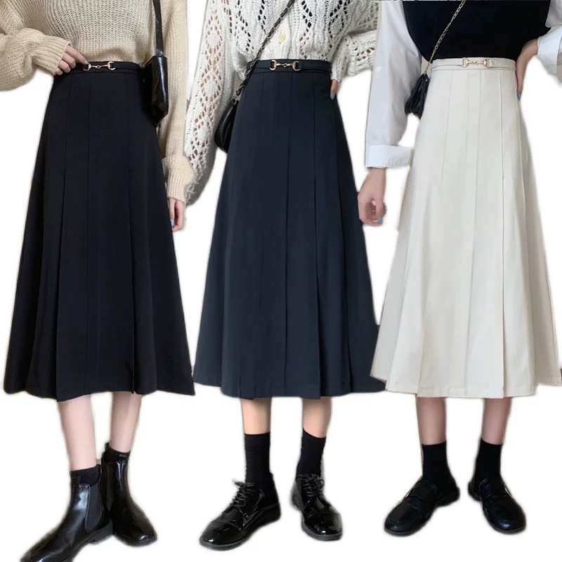 Váy midi xếp ly màu đen cỡ lớn dành cho nữ, mùa thu đông, váy dài che hông, váy bút chì dáng chữ A cạp cao giúp thon gọn dành cho phụ nữ có đường cong.