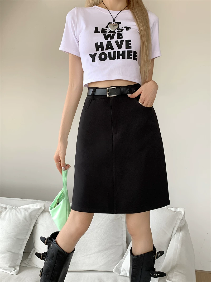 Váy midi kiểu vest màu xám dành cho nữ, cỡ lớn, cạp cao, che hông, thiết kế mùa hè, kiểu dáng chữ A ngắn.