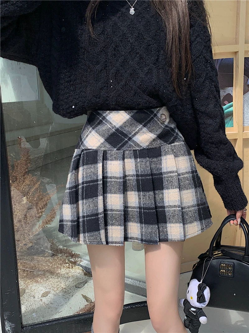 Váy len kẻ sọc đỏ cổ điển kiểu Mỹ dành cho nữ trong mùa thu đông, váy chữ A cạp cao tôn dáng, váy che hông, váy ngắn