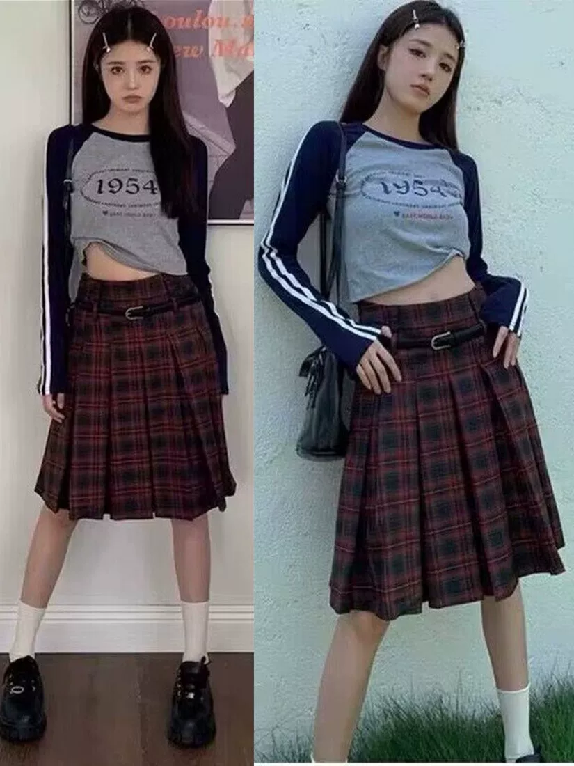 Váy xếp ly kiểu preppy cổ điển Mỹ dành cho nữ, size lớn, mùa xuân hè, váy kẻ đỏ, váy dài trung bình