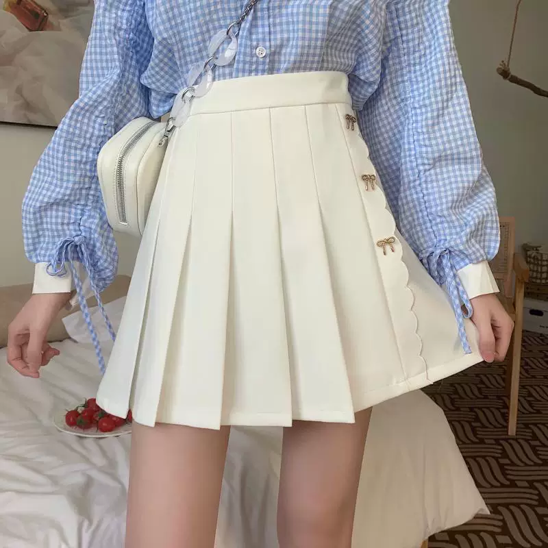 Váy xếp ly màu trắng dành cho nữ, váy chữ A cạp cao tôn dáng mùa hè, kiểu dáng học sinh, váy ngắn xếp ly thêu dành cho nữ cỡ lớn.
