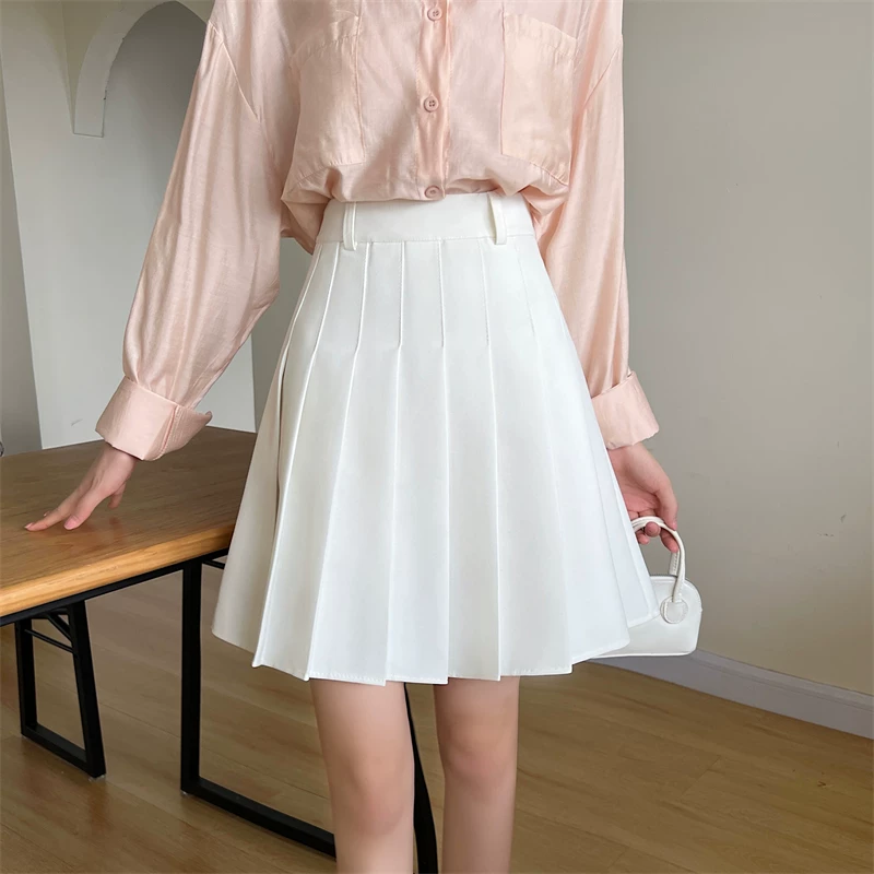 Váy xếp ly lưng cao phong cách đại học hơi mũm mĩm dành cho nữ, váy chữ A che thân mùa hè, váy midi màu xám, váy ngắn thon gọn.