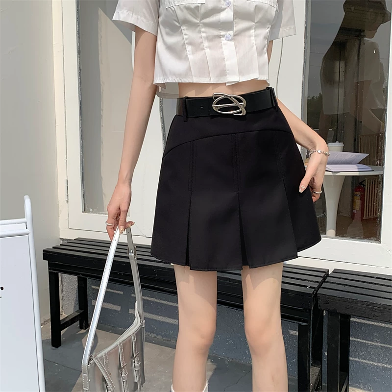 Váy xếp ly lưng cao màu xám cỡ lớn, váy ngắn chữ A tôn dáng cho nữ, quần váy ôm hông kiểu Mỹ chống lộ.