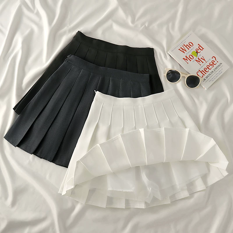 Váy xếp ly màu trắng dành cho nữ, size lớn mùa hè, váy chữ A cạp cao, tôn dáng, váy nửa thân kiểu học sinh, váy ngắn dành cho phụ nữ nhỏ nhắn.
