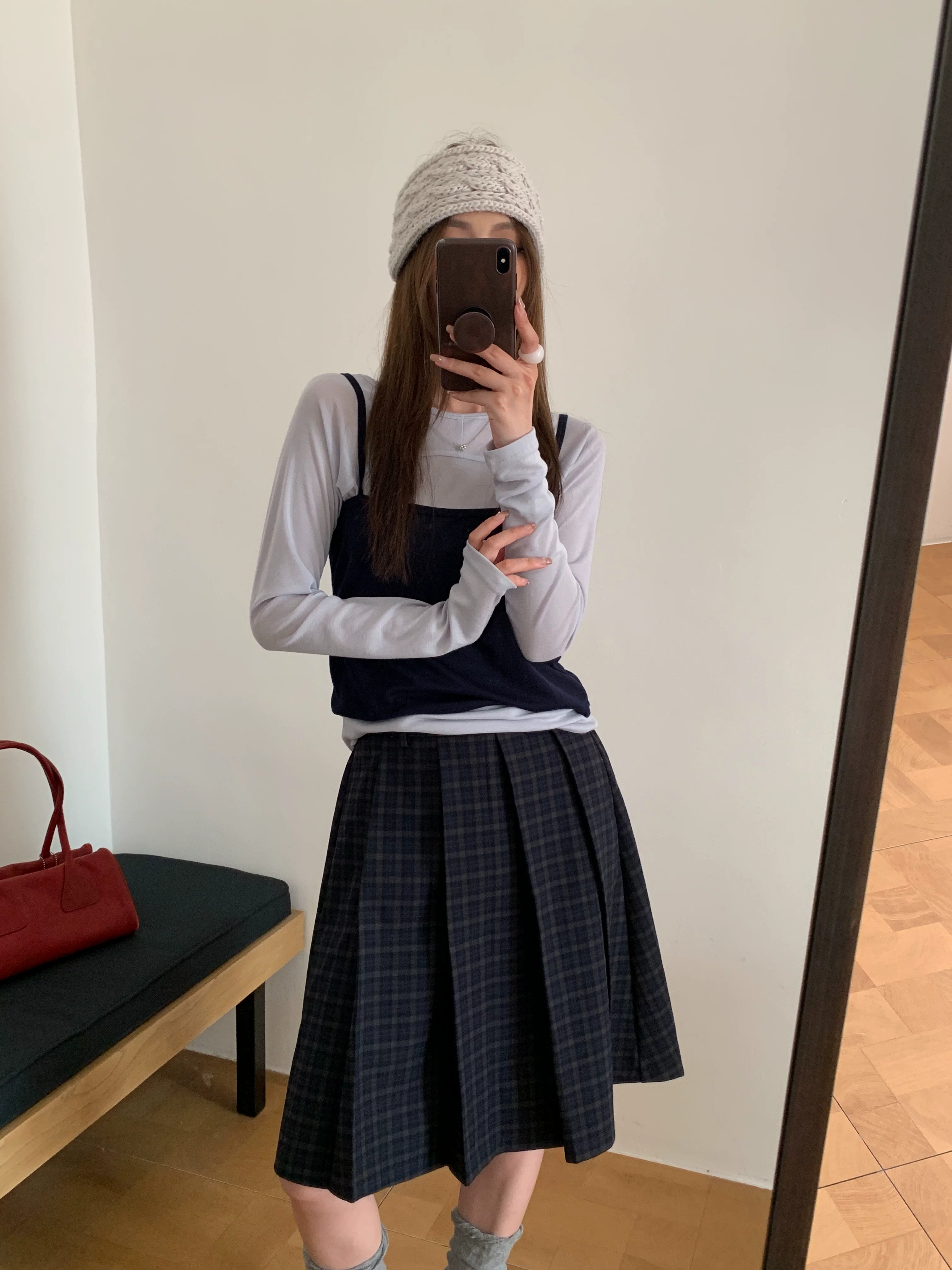 Váy midi kẻ sọc xanh cao cấp dành cho nữ, phong cách Hàn Quốc, cỡ lớn, tôn dáng, phong cách preppy, váy xếp ly họa tiết, váy chữ A.