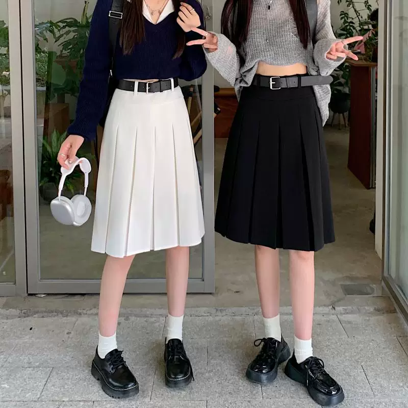 Váy xếp ly màu xám cổ điển kiểu Mỹ, váy phong cách preppy dành cho nữ, thiết kế cỡ lớn mùa xuân hè, váy chữ A dài vừa phải