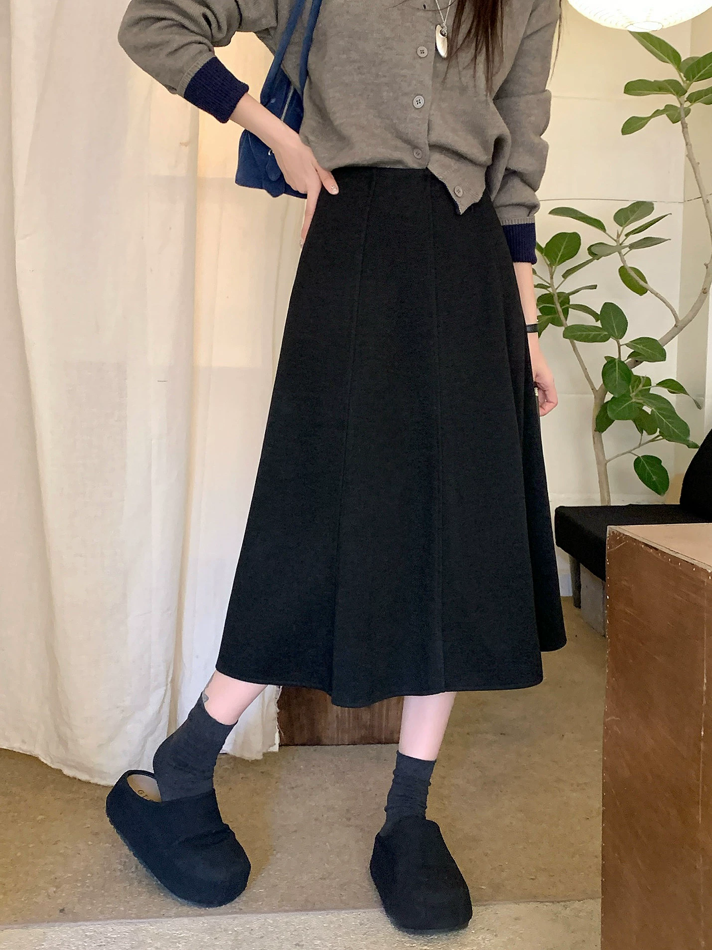 Váy midi len kiểu Pháp dành cho nữ, mùa thu đông, dáng quả lê, váy dài chữ A, lưng cao, tôn dáng, váy dáng dù, lưng thun, váy vạt rộng.