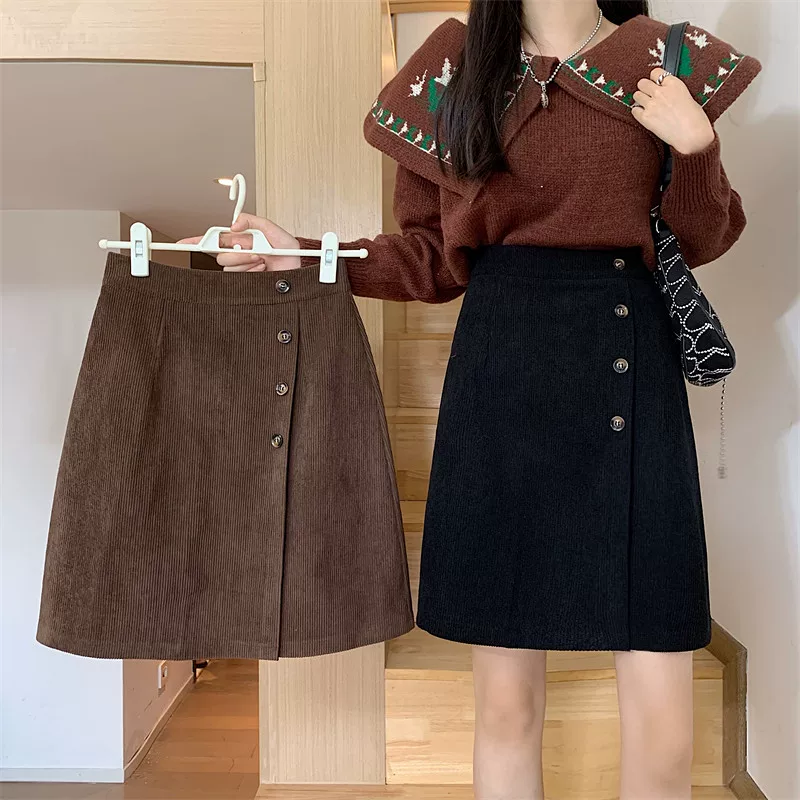 Váy nhung kẻ sọc cỡ lớn cho mùa thu đông, váy dài ngang đùi lưng cao, dáng bất đối xứng dành cho nữ, váy chữ A tôn dáng và che bụng, váy ngắn.