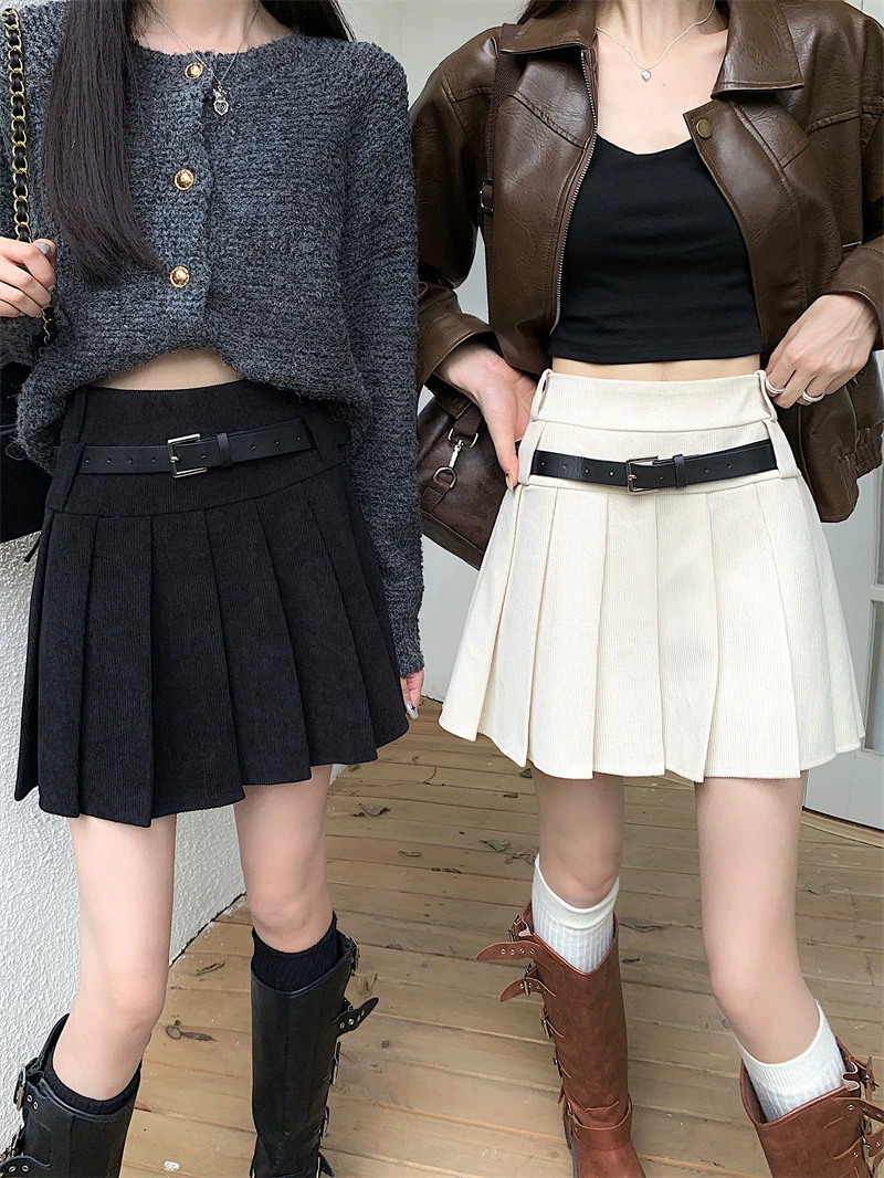 Váy xếp ly chữ A bằng vải nhung kiểu Mỹ cổ điển, váy ngắn che hông gợi cảm mùa thu đông, váy thiết kế cạp cao cỡ lớn