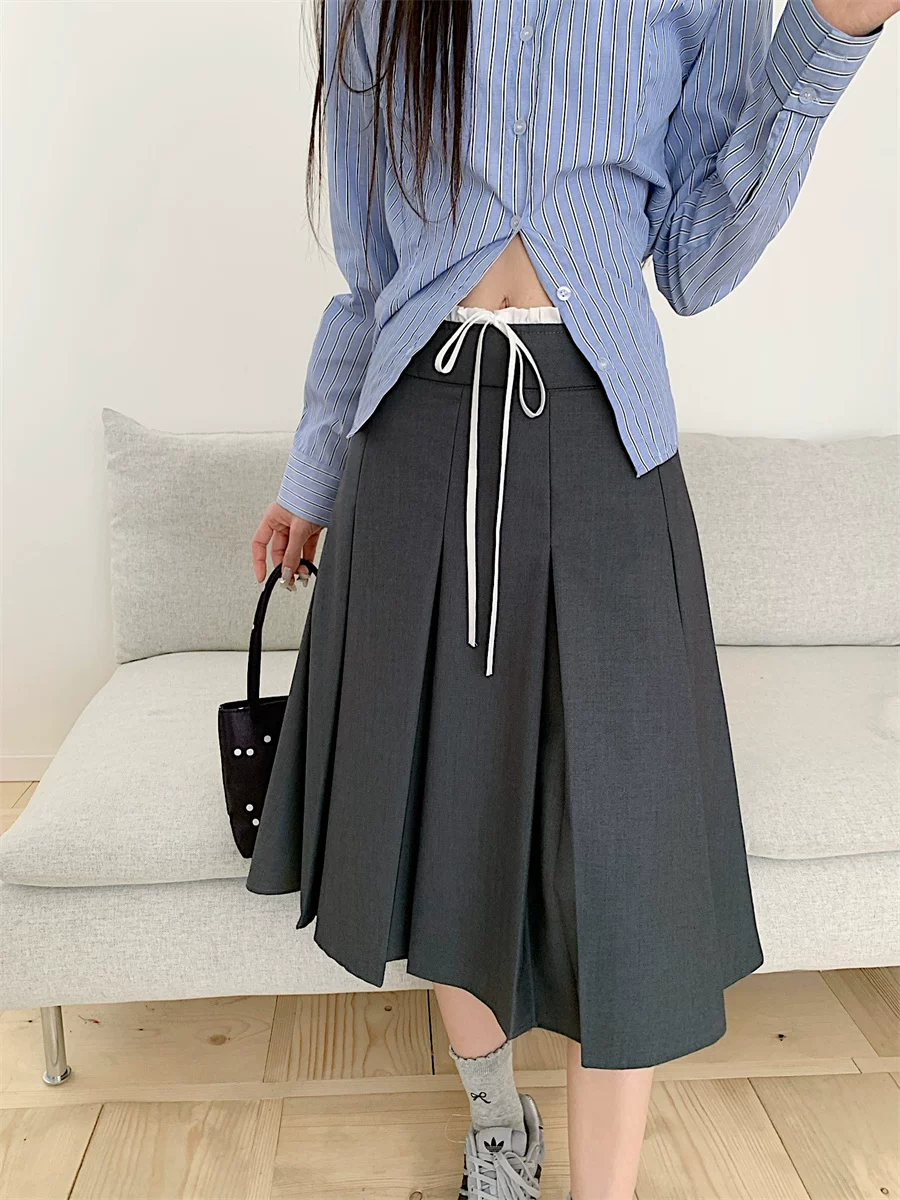 Váy xếp ly dài vừa phải màu xám dành cho nữ, cỡ lớn mùa hè, phong cách preppy, váy kiểu dáng ôm dáng cao eo, váy chữ A che hông.