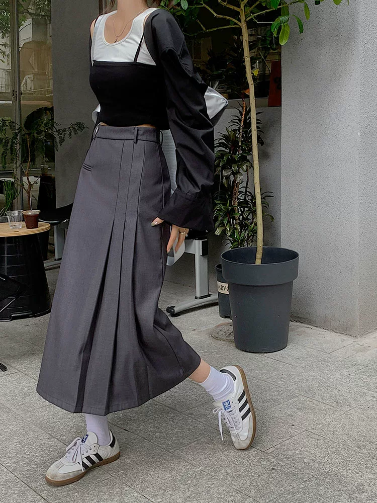 Váy chữ A dáng suông cho nữ, size lớn, thu đông, lưng cao, dài trung bình, màu xám, váy xếp ly dài thời trang