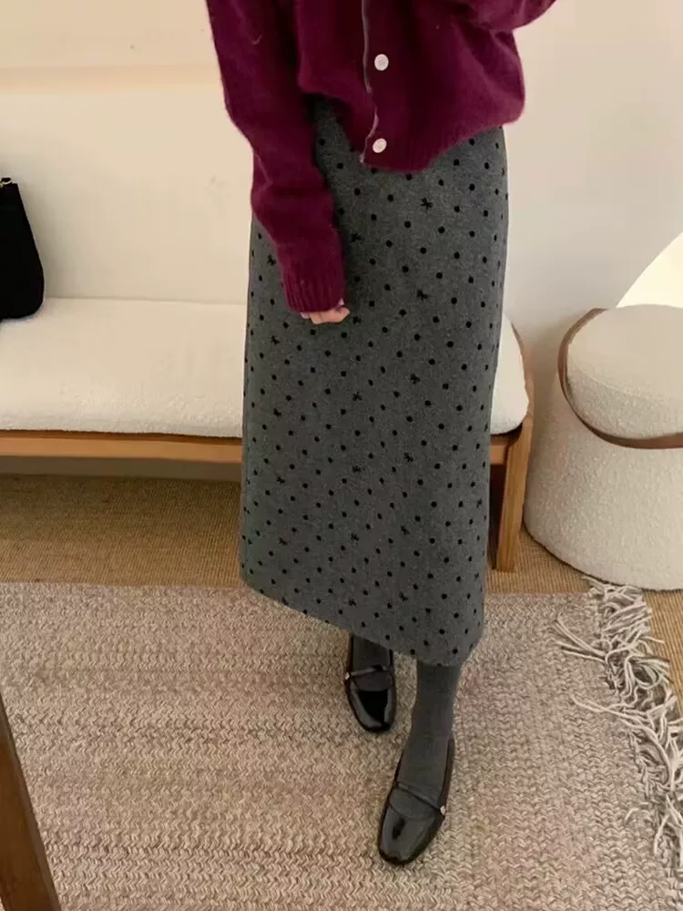 Váy len chấm bi màu xám cỡ lớn dành cho nữ mùa thu đông, lưng cao, tạo vẻ thon gọn, váy thẳng xẻ lưng, váy chữ A dài vừa phải