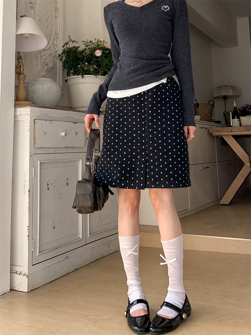Váy len chấm bi kiểu Mỹ cổ điển dành cho nữ, kiểu mới xuân 2024, cạp cao, đa năng và tôn dáng