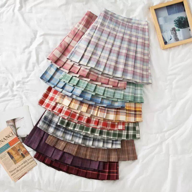Quần váy xếp ly kẻ sọc cỡ lớn dành cho nữ, váy ngắn phồng phồng co giãn phong cách đại học mùa xuân hè, váy chữ A co giãn cho cô gái mũm mĩm