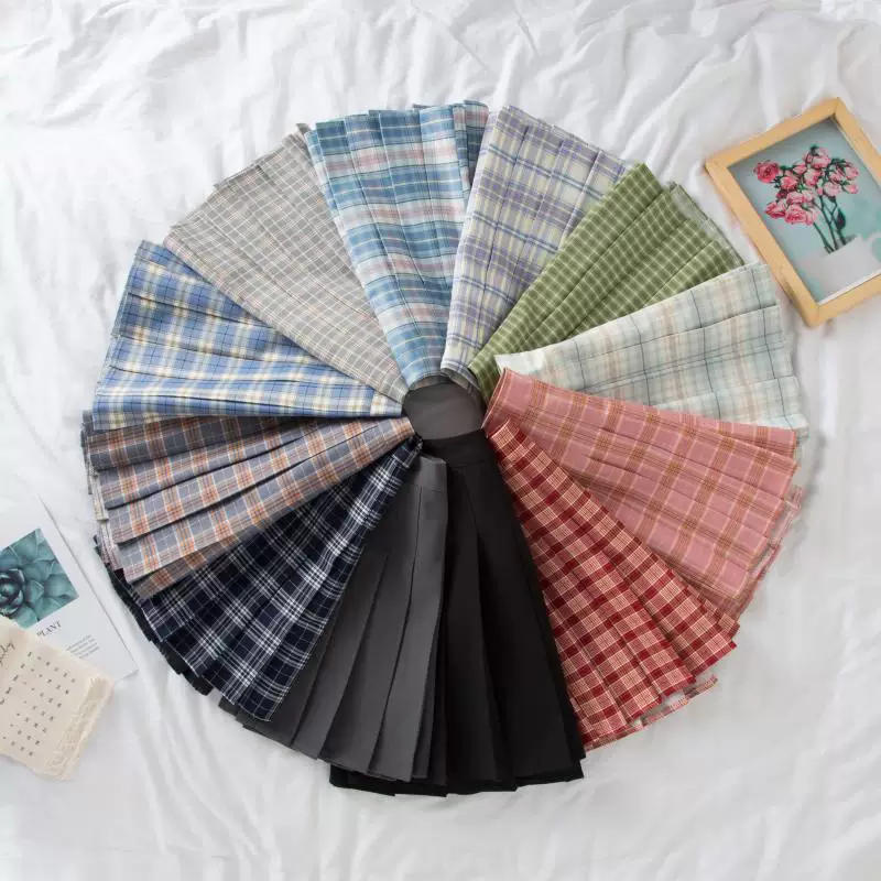 Váy xếp ly lưng cao màu đen cỡ lớn dành cho nữ, váy chữ A, mùa hè, dành cho những cô nàng mũm mĩm, phong cách preppy, váy ngắn kẻ sọc chống lộ, váy JK.