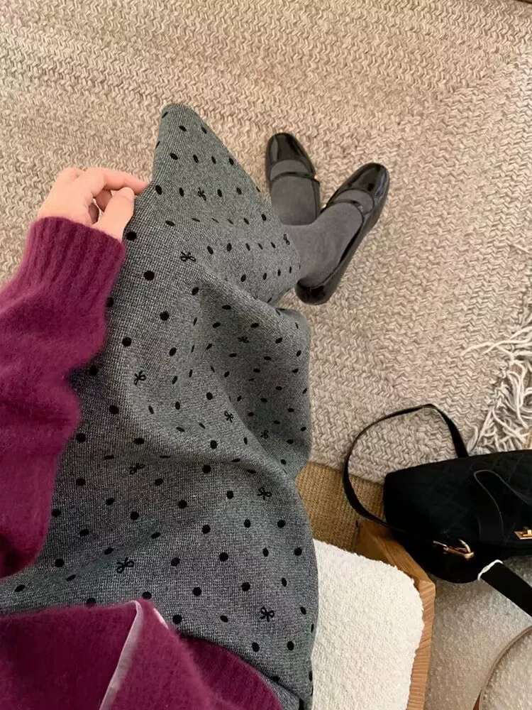 Váy len chấm bi màu xám cỡ lớn dành cho nữ mùa thu đông, lưng cao, tạo vẻ thon gọn, váy thẳng xẻ lưng, váy chữ A dài vừa phải