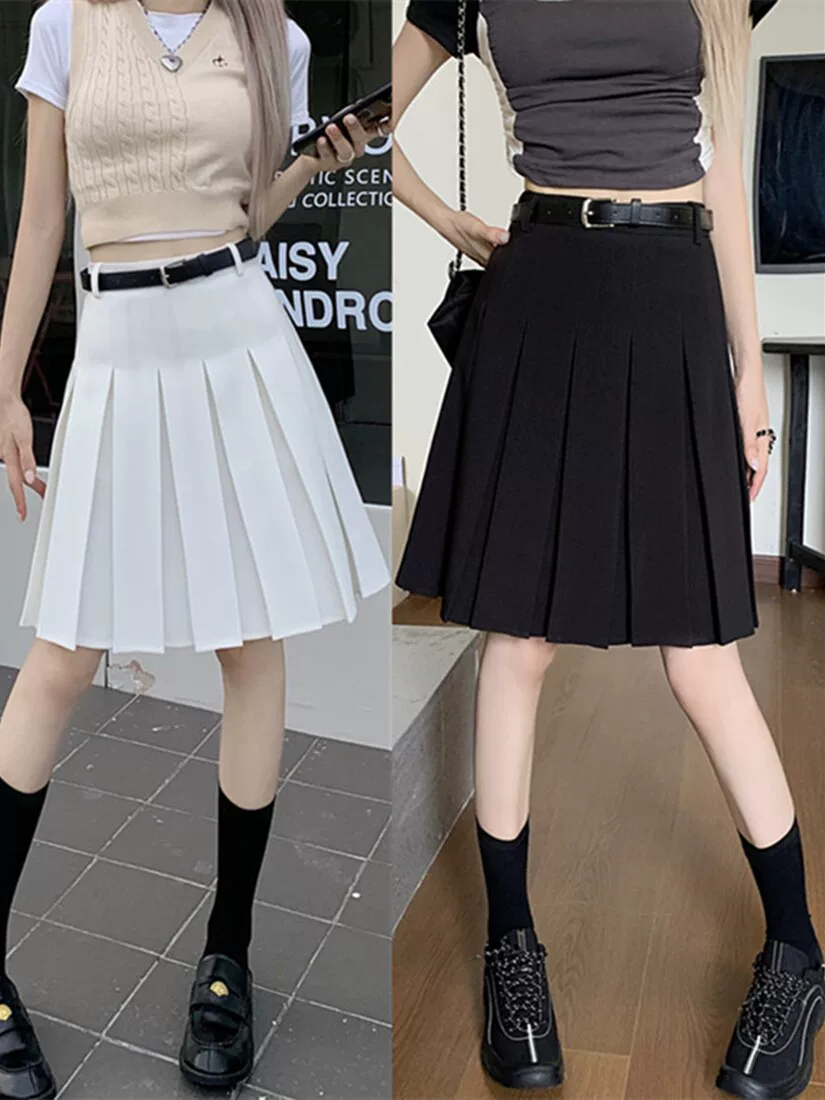 Váy xếp ly màu xám dành cho nữ, dài vừa phải, mùa hè, cỡ lớn, che hông, dáng chữ A, lưng cao, thon gọn, váy nửa thân kiểu JK.