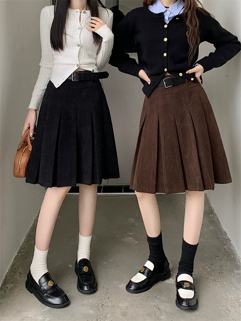 Váy xếp ly bằng vải nhung cỡ lớn dành cho nữ, dài vừa phải, mùa thu đông, váy chữ A che hông, váy nhung thiết kế, váy nửa thân.