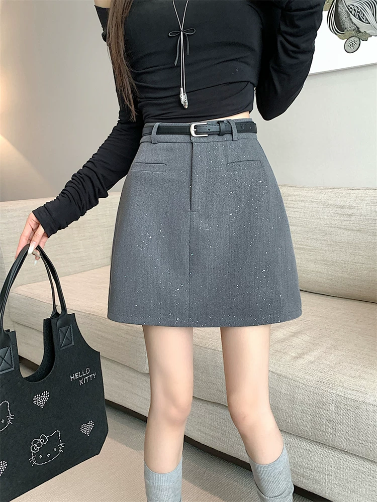 Váy vest màu xám bóng, size lớn cho nữ, váy chữ A chống lộ mùa hè, váy ngắn cạp cao che hông.