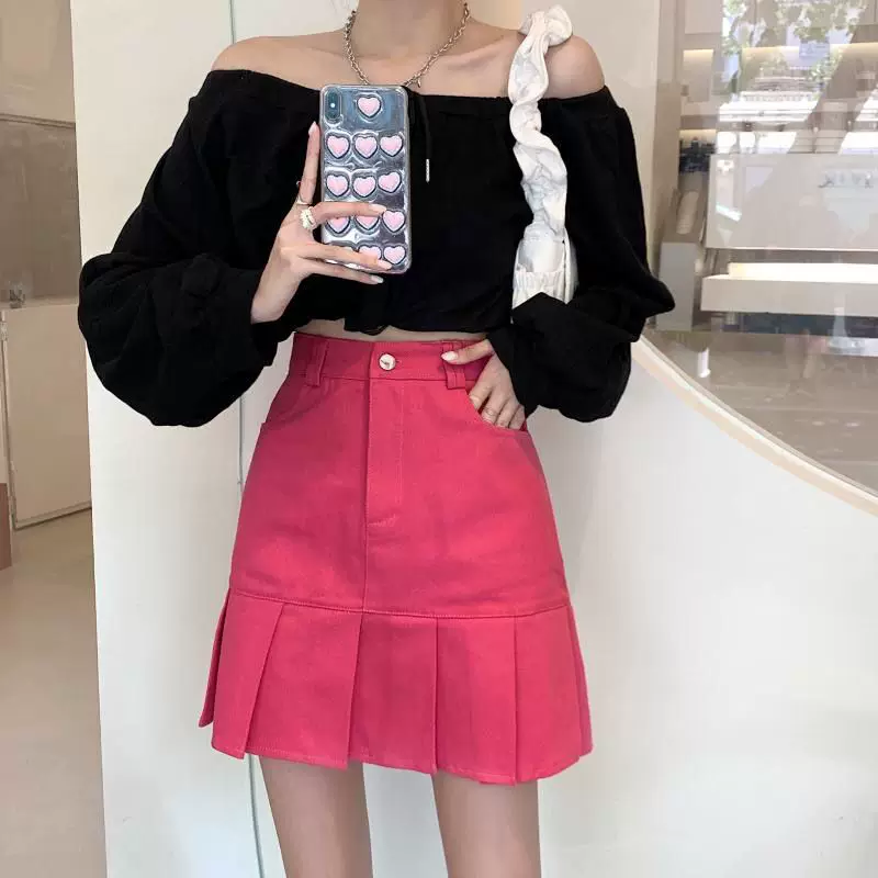 Váy xếp ly lưng cao dành cho nữ, váy cỡ lớn mùa hè, thiết kế dành cho những cô nàng mũm mĩm, phong cách sinh viên nhỏ nhắn, váy ngắn chữ A tôn dáng.