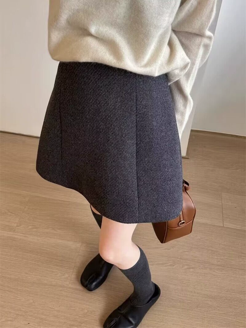 Váy xám cho nữ, mùa thu đông, cỡ lớn, váy ngắn len dày, váy bút chì lưng cao, váy chữ A giảm béo màu cà phê.