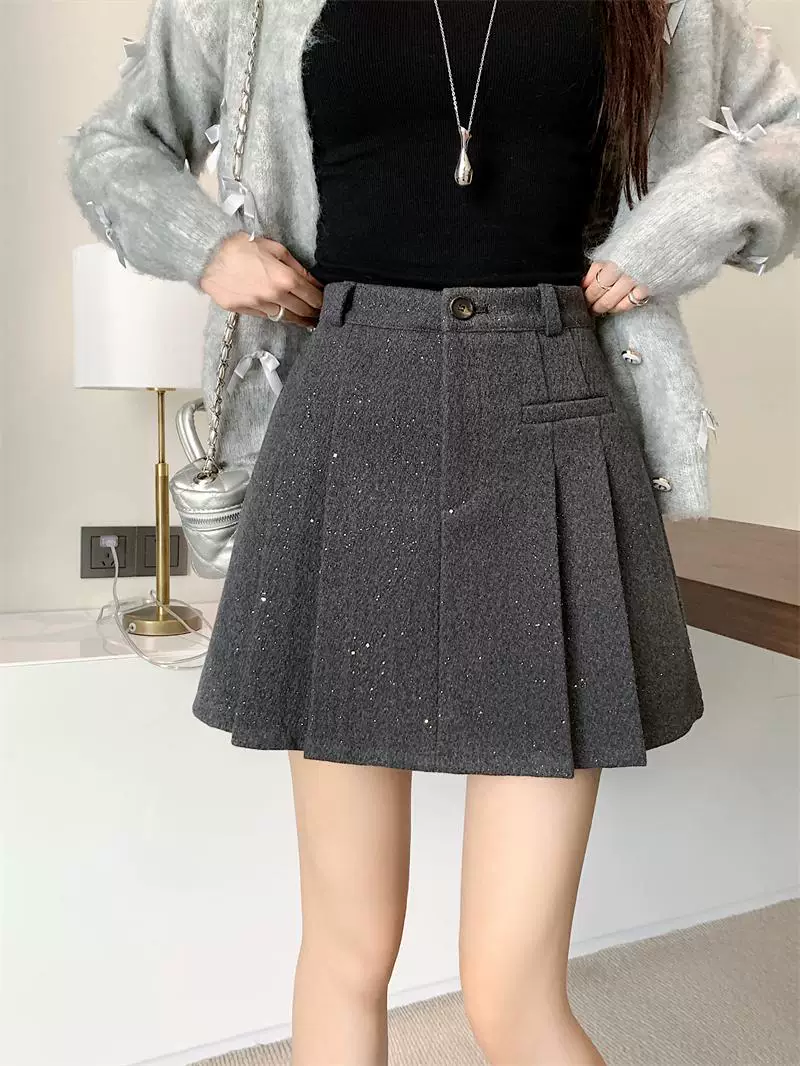 Váy xếp ly len dày bóng cỡ lớn dành cho nữ, mùa thu đông, váy ngắn chữ A đính sequin phong cách Chanel, váy nửa thân chống lộ.