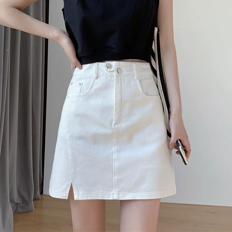 Váy denim màu hồng dành cho nữ, kiểu dáng mới mùa hè 2022, váy chữ A lưng cao, váy ngắn ôm hông cỡ lớn.