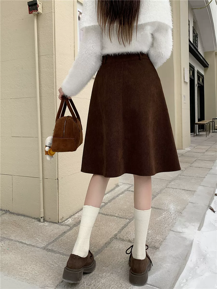 Váy midi nữ cỡ lớn, kiểu dáng mới thu đông, cạp cao, thon gọn, che bụng, dáng chữ A, ôm hông, váy ngắn bằng vải nhung.