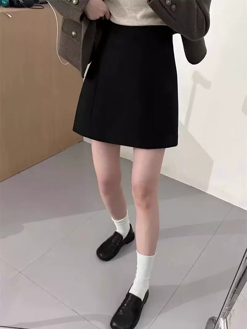 Váy xám cho nữ, mùa thu đông, cỡ lớn, váy ngắn len dày, váy bút chì lưng cao, váy chữ A giảm béo màu cà phê.