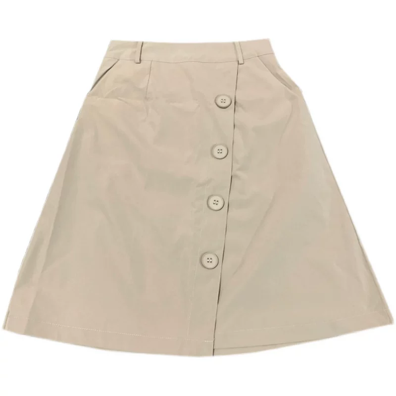 Váy dài trung bình phong cách Hàn Quốc mùa hè, váy chữ A không đều dáng rộng cạp cao cỡ lớn, váy công sở, váy ôm dáng phong cách preppy